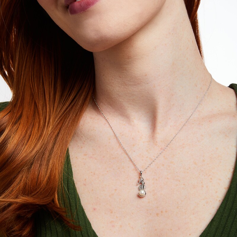 5.5-6.0mm Cultured Freshwater Pearl and White Lab-Created Sapphire Seahorse Pendant in Sterling Silver