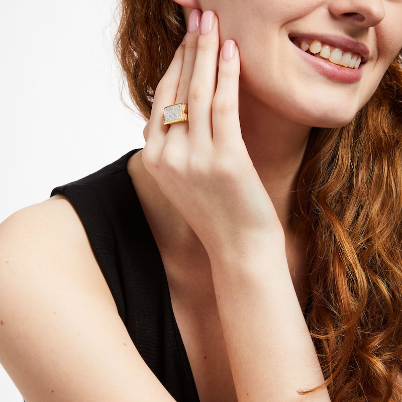 Main Image 2 of Diamond Accent Beaded Rectangle-Top Five Row Ribbed Shank Ring in Sterling Silver with 18K Gold Plate