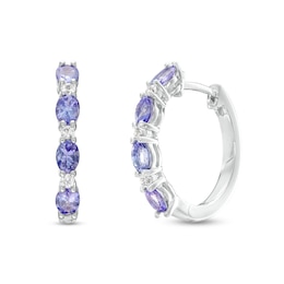 Oval Tanzanite and White Lab-Created Sapphire Alternating Hoop Earrings in Sterling Silver