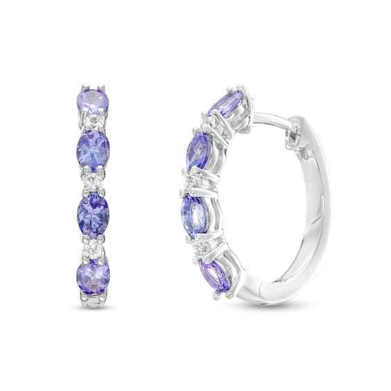 Oval Tanzanite and White Lab-Created Sapphire Alternating Hoop Earrings in Sterling Silver