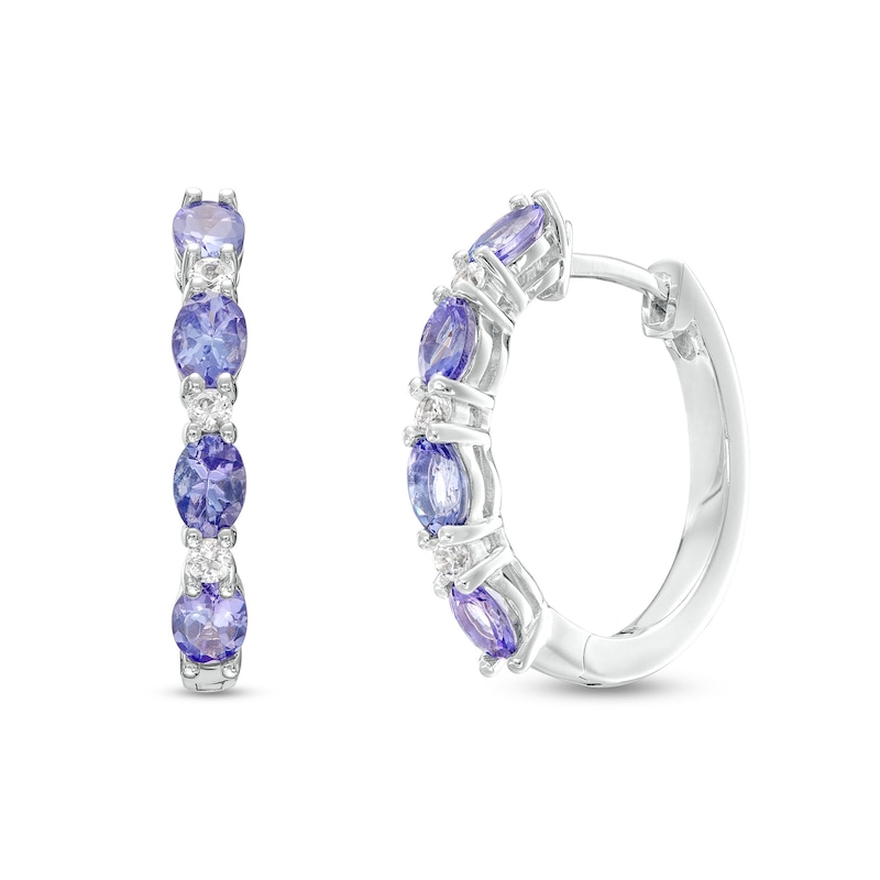 Main Image 1 of Oval Tanzanite and White Lab-Created Sapphire Alternating Hoop Earrings in Sterling Silver