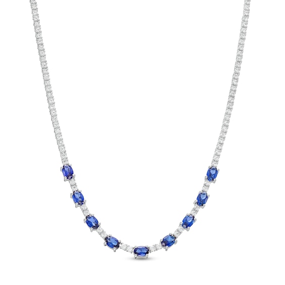 Oval Blue and White Lab-Created Sapphire Nine Stone Station Necklace in Sterling Silver