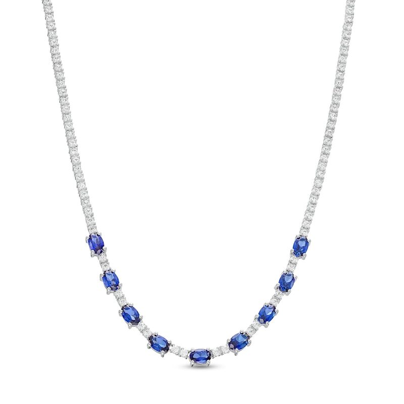 Main Image 1 of Oval Blue and White Lab-Created Sapphire Nine Stone Station Necklace in Sterling Silver