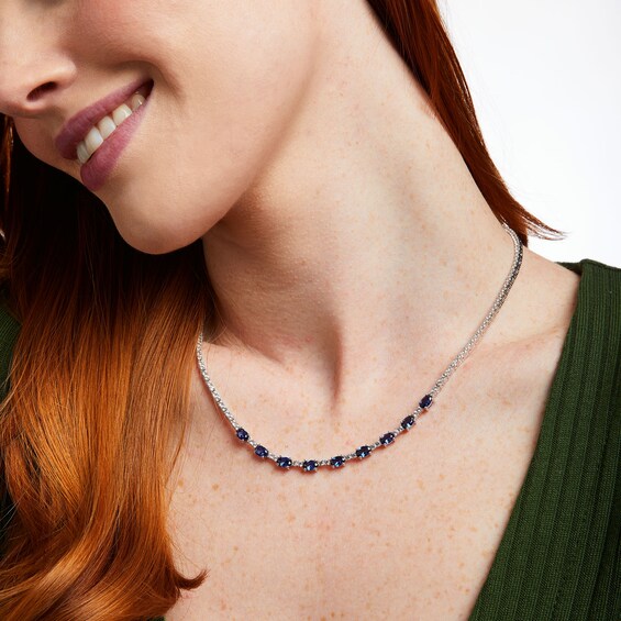 Oval Blue and White Lab-Created Sapphire Nine Stone Station Necklace in Sterling Silver
