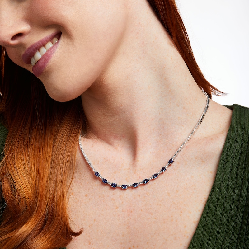 Main Image 2 of Oval Blue and White Lab-Created Sapphire Nine Stone Station Necklace in Sterling Silver