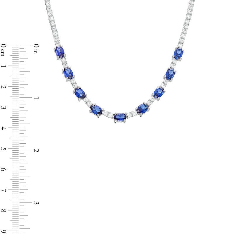 Main Image 4 of Oval Blue and White Lab-Created Sapphire Nine Stone Station Necklace in Sterling Silver