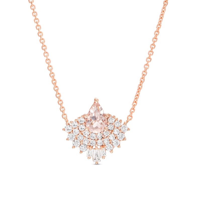 Main Image 1 of Pear-Shaped Morganite with Baguette and Round White Lab-Created Sapphire Fanned Frame Necklace in 10K Rose Gold - 19"