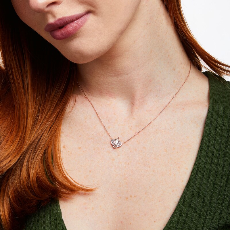 Main Image 2 of Pear-Shaped Morganite with Baguette and Round White Lab-Created Sapphire Fanned Frame Necklace in 10K Rose Gold - 19"