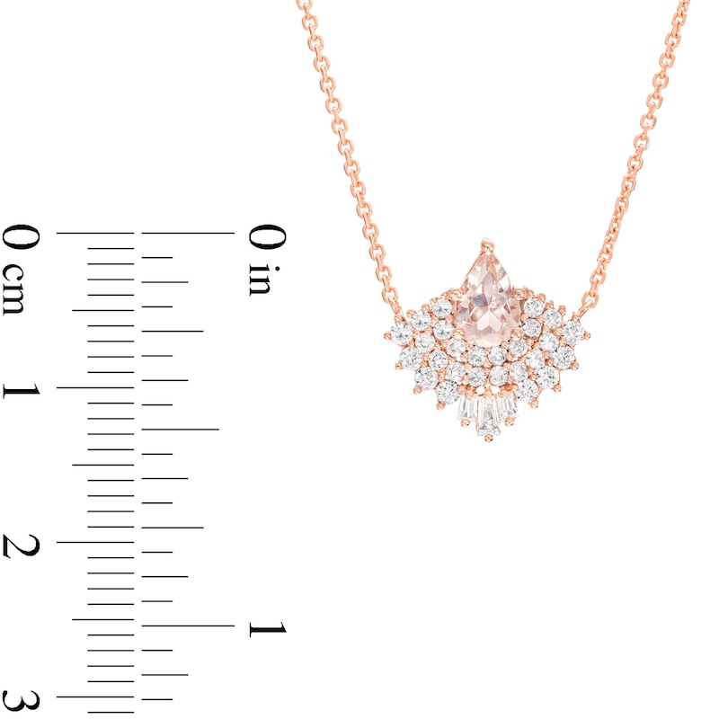 Main Image 3 of Pear-Shaped Morganite with Baguette and Round White Lab-Created Sapphire Fanned Frame Necklace in 10K Rose Gold - 19"