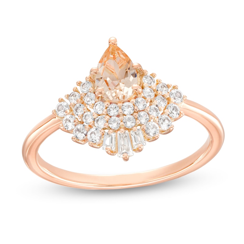 Main Image 1 of Pear-Shaped Morganite with Baguette and Round White Lab-Created Sapphire Fanned Frame Ring in 10K Rose Gold