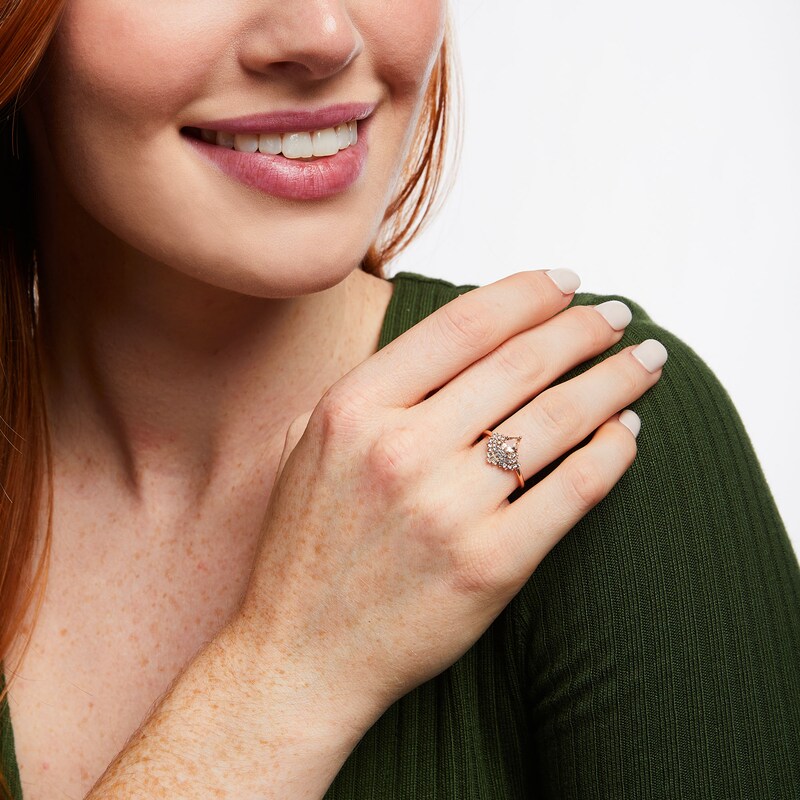 Pear-Shaped Morganite with Baguette and Round White Lab-Created Sapphire Fanned Frame Ring in 10K Rose Gold