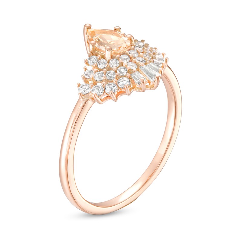 Main Image 3 of Pear-Shaped Morganite with Baguette and Round White Lab-Created Sapphire Fanned Frame Ring in 10K Rose Gold
