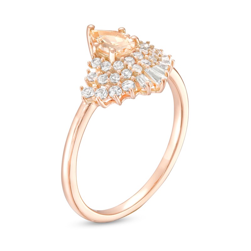 Pear-Shaped Morganite with Baguette and Round White Lab-Created Sapphire Fanned Frame Ring in 10K Rose Gold