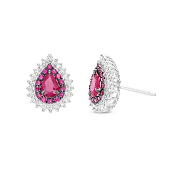 Pear-Shaped Ruby and 1/3 CT. T.w. Diamond Double Shadow Frame Stud Earrings in 10K White Gold