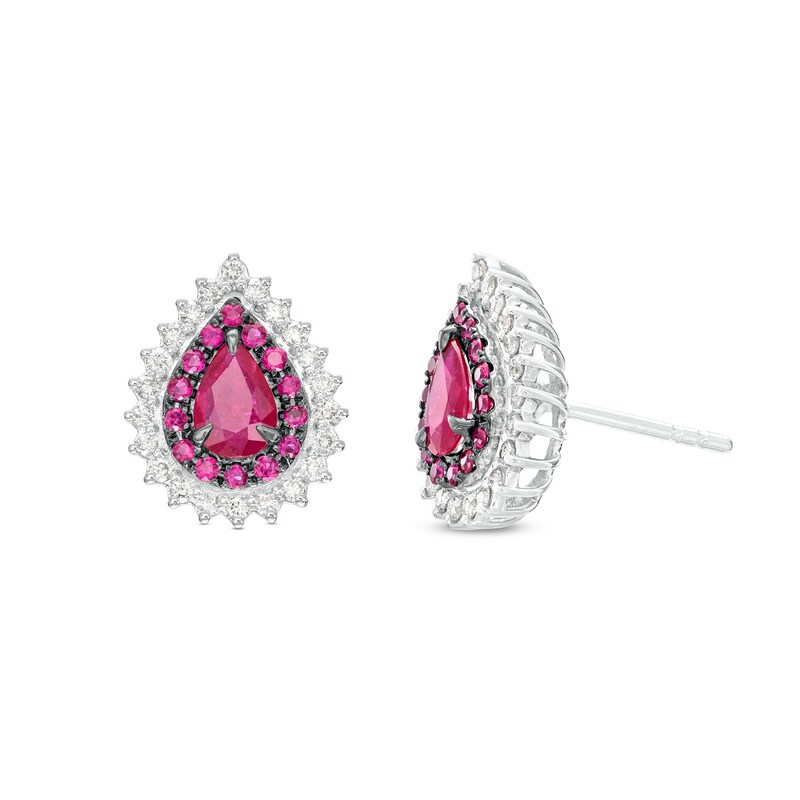 Main Image 1 of Pear-Shaped Ruby and 1/3 CT. T.W. Diamond Double Shadow Frame Stud Earrings in 10K White Gold