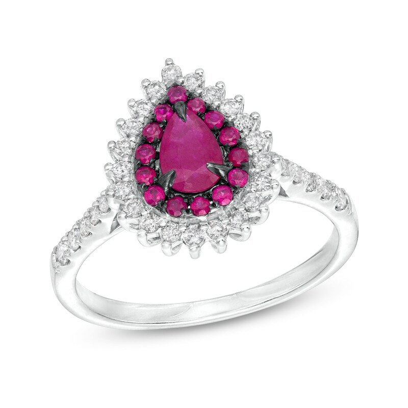 Main Image 1 of Pear-Shaped Ruby and 1/3 CT. T.W. Diamond Double Shadow Frame Ring in 10K White Gold