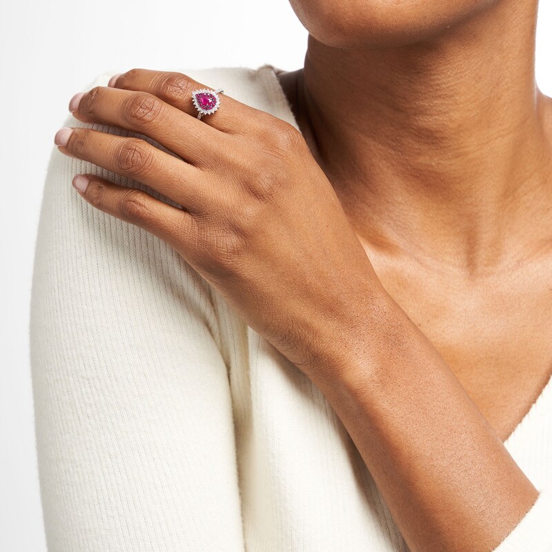 Main Image 2 of Pear-Shaped Ruby and 1/3 CT. T.W. Diamond Double Shadow Frame Ring in 10K White Gold