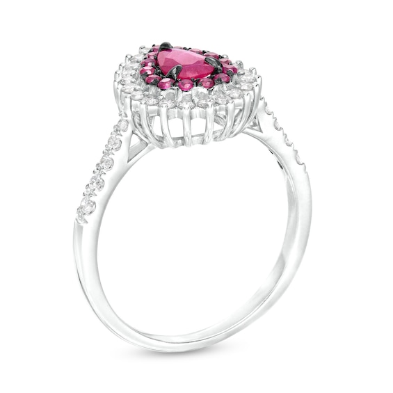 Pear-Shaped Ruby and 1/3 CT. T.w. Diamond Double Shadow Frame Ring in 10K White Gold