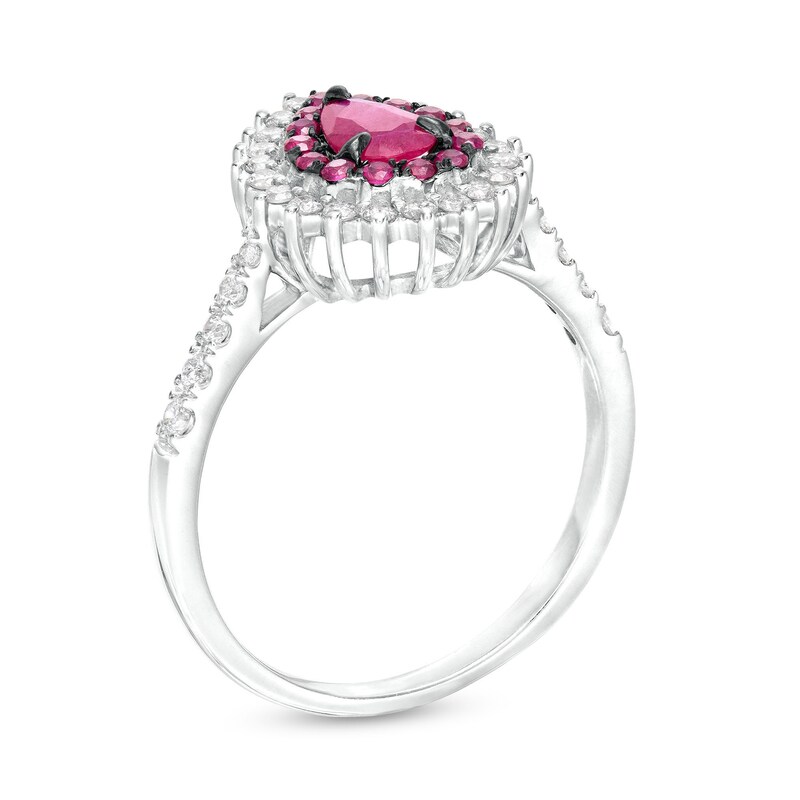 Main Image 3 of Pear-Shaped Ruby and 1/3 CT. T.W. Diamond Double Shadow Frame Ring in 10K White Gold