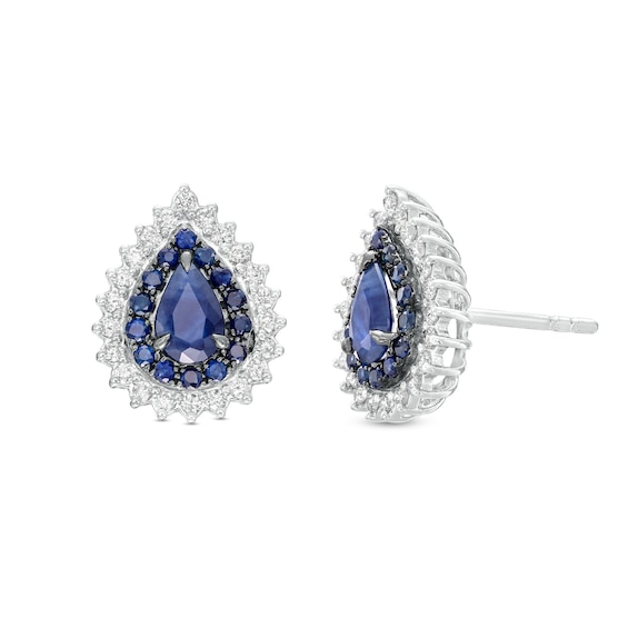 Pear-Shaped Blue Sapphire and 1/3 CT. T.w. Diamond Double Shadow Frame Stud Earrings in 10K White Gold