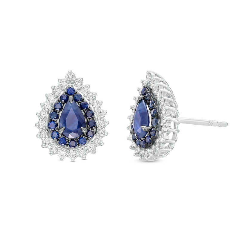 Main Image 1 of Pear-Shaped Blue Sapphire and 1/3 CT. T.W. Diamond Double Shadow Frame Stud Earrings in 10K White Gold