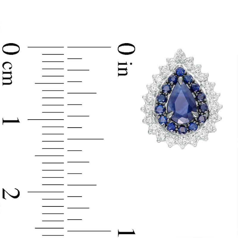 Main Image 3 of Pear-Shaped Blue Sapphire and 1/3 CT. T.W. Diamond Double Shadow Frame Stud Earrings in 10K White Gold