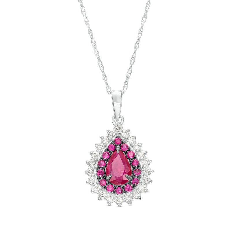 Main Image 1 of Pear-Shaped Ruby and 1/5 CT. T.W. Diamond Double Shadow Frame Drop Pendant in 10K White Gold