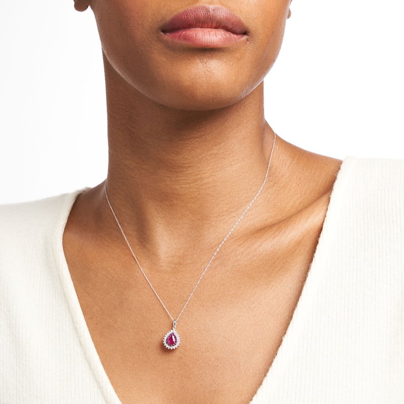 Main Image 2 of Pear-Shaped Ruby and 1/5 CT. T.W. Diamond Double Shadow Frame Drop Pendant in 10K White Gold