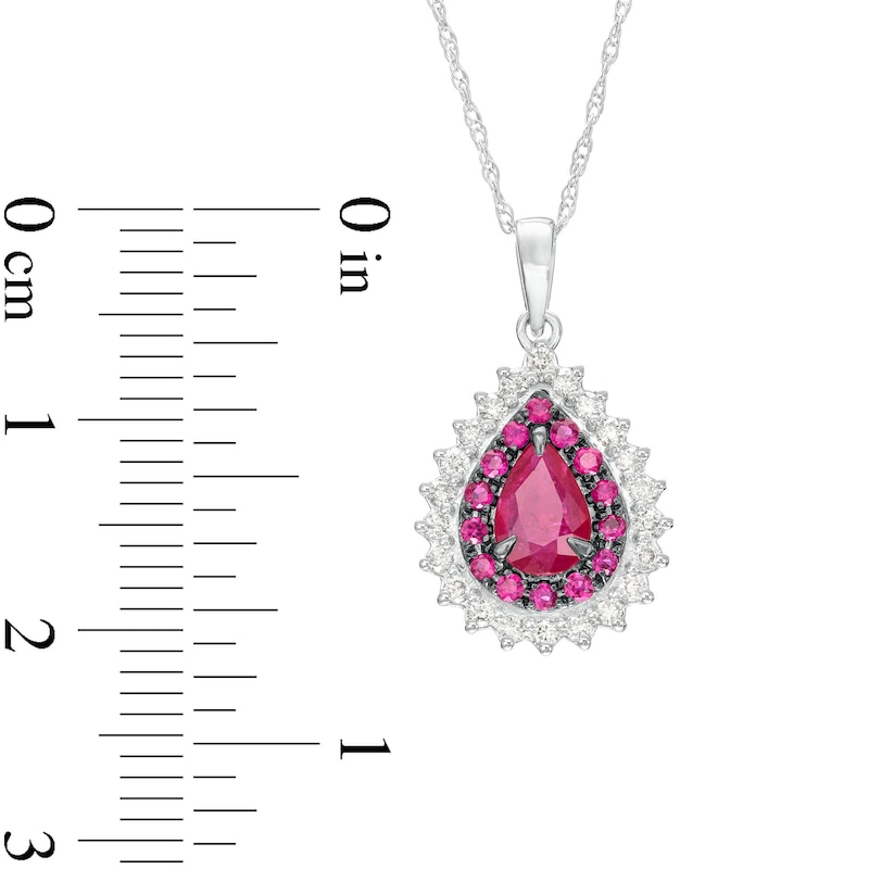 Main Image 3 of Pear-Shaped Ruby and 1/5 CT. T.W. Diamond Double Shadow Frame Drop Pendant in 10K White Gold