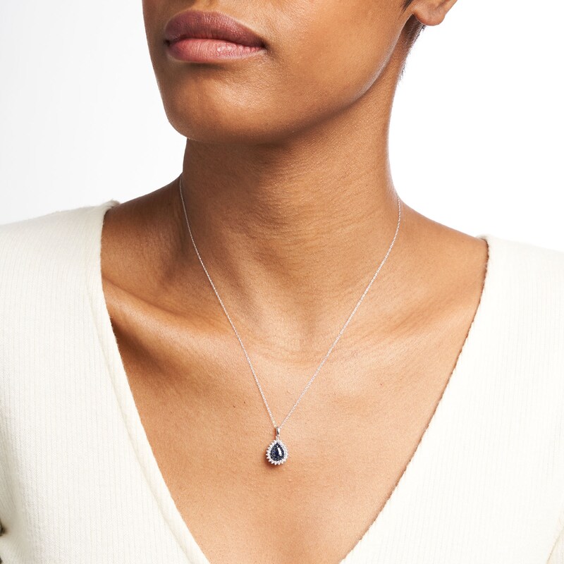 Main Image 2 of Pear-Shaped Blue Sapphire and 1/5 CT. T.W. Diamond Double Shadow Frame Drop Pendant in 10K White Gold