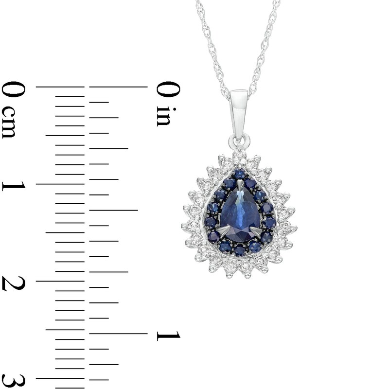 Main Image 3 of Pear-Shaped Blue Sapphire and 1/5 CT. T.W. Diamond Double Shadow Frame Drop Pendant in 10K White Gold