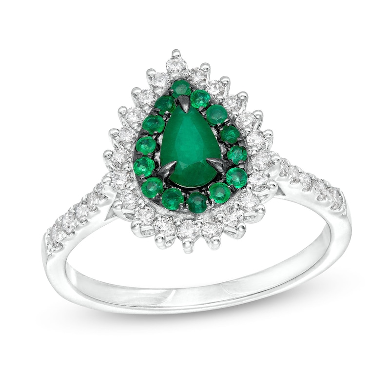 Main Image 1 of Pear-Shaped Emerald and 1/3 CT. T.W. Diamond Double Shadow Frame Ring in 10K White Gold