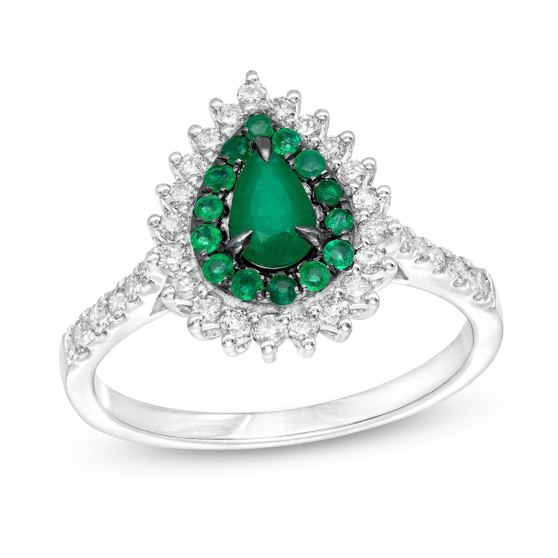 Pear-Shaped Emerald and 1/3 CT. T.W. Diamond Double Shadow Frame Ring in 10K White Gold