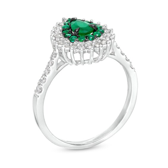 Pear-Shaped Emerald and 1/3 CT. T.w. Diamond Double Shadow Frame Ring in 10K White Gold