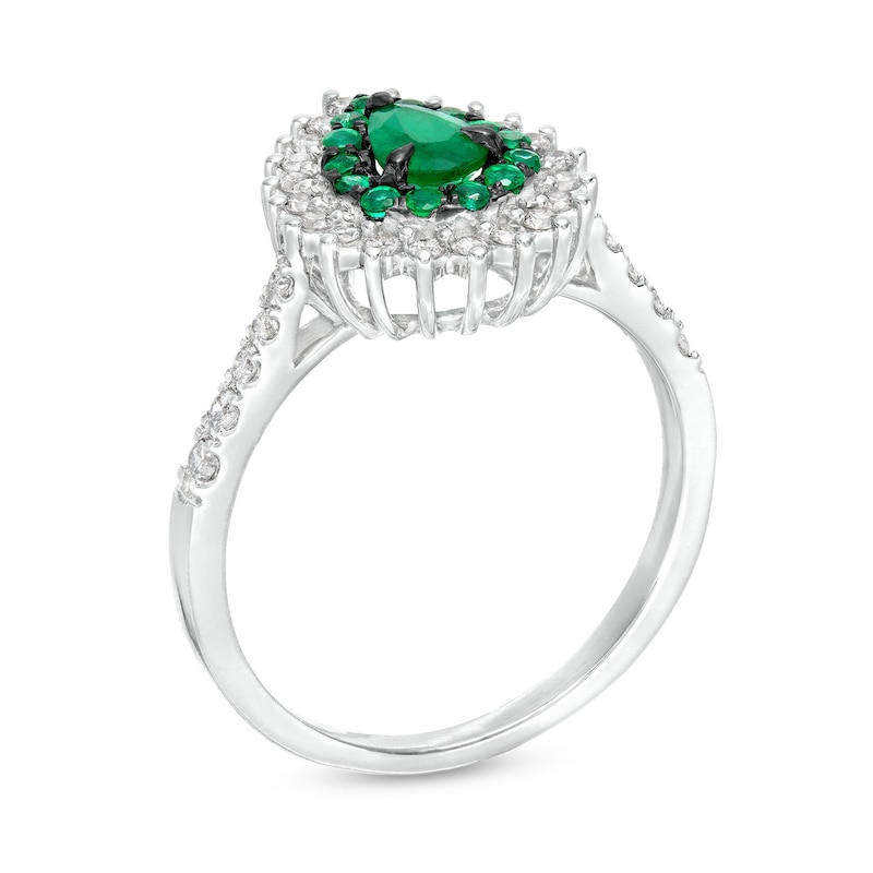 Main Image 3 of Pear-Shaped Emerald and 1/3 CT. T.W. Diamond Double Shadow Frame Ring in 10K White Gold
