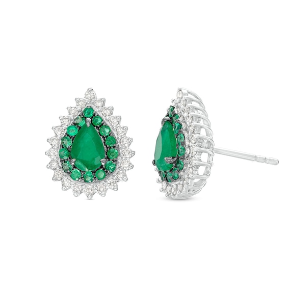 Pear-Shaped Emerald and 1/3 CT. T.w. Diamond Double Shadow Frame Stud Earrings in 10K White Gold