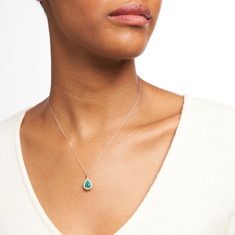 Main Image 2 of Pear-Shaped Emerald and 1/5 CT. T.W. Diamond Double Shadow Frame Drop Pendant in 10K White Gold