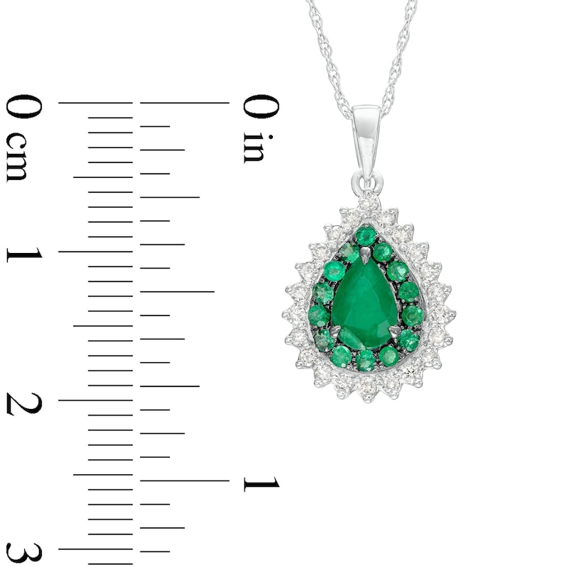 Main Image 3 of Pear-Shaped Emerald and 1/5 CT. T.W. Diamond Double Shadow Frame Drop Pendant in 10K White Gold