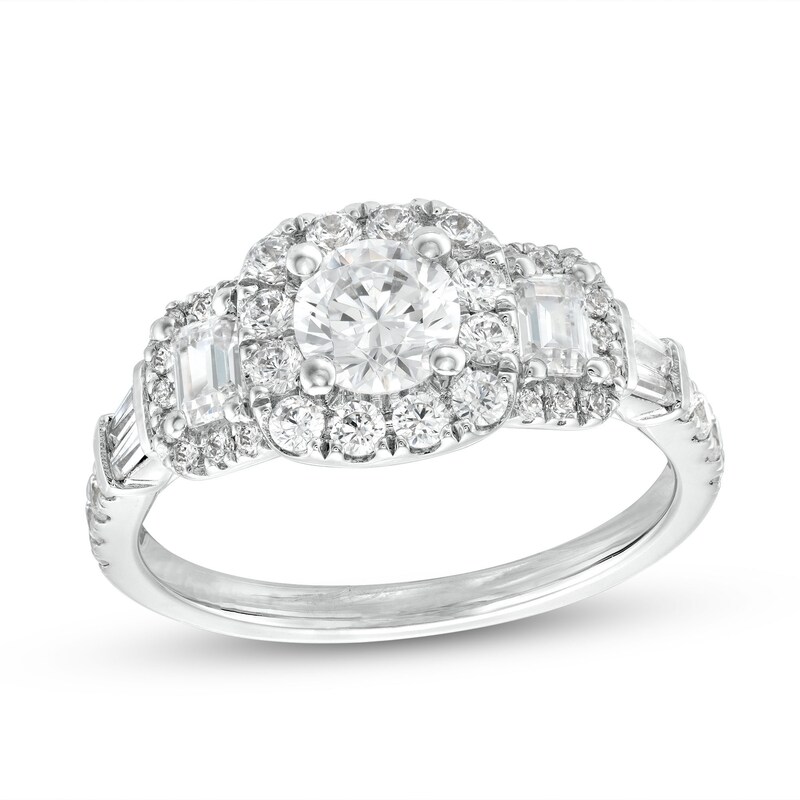 1-1/2 CT. T.W. Diamond Past Present Future® Cushion-Shaped Frame Engagement Ring in 14K White Gold