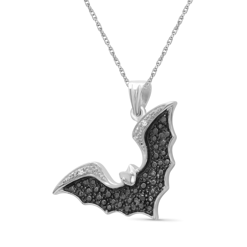 Black and White Diamond Accent Beaded Tilted Bat Drop Pendant in Sterling Silver and Black Rhodium