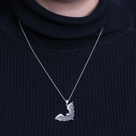 Black and White Diamond Accent Beaded Tilted Bat Drop Pendant in Sterling Silver and Black Rhodium