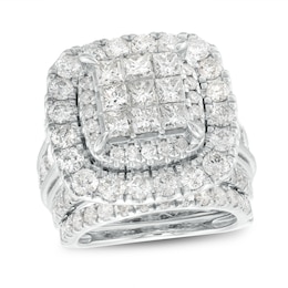 6 CT. T.W. Princess-Cut Multi-Diamond Double Cushion-Shaped Frame Three Piece Bridal Set in 14K White Gold