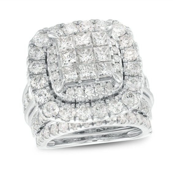 6 CT. T.w. Princess-Cut Multi-Diamond Double Cushion-Shaped Frame Three Piece Bridal Set in 14K White Gold