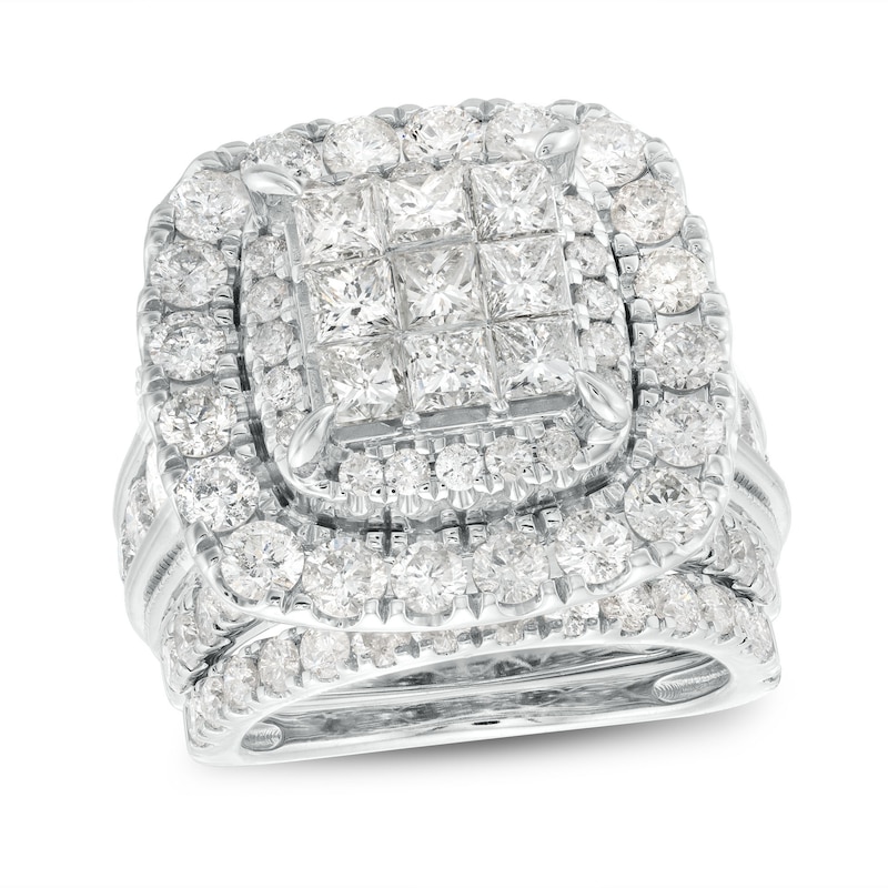 Main Image 1 of 6 CT. T.W. Princess-Cut Multi-Diamond Double Cushion-Shaped Frame Three Piece Bridal Set in 14K White Gold