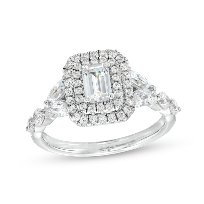 Main Image 1 of 1-1/2 CT. T.W. Emerald-Cut Diamond Double Frame Split Shank Engagement Ring in 14K White Gold