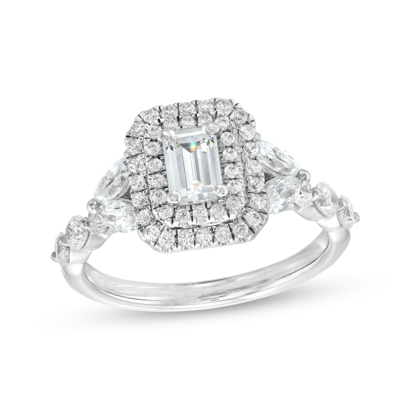 1-1/2 CT. T.W. Emerald-Cut Diamond Double Frame Split Shank Engagement Ring in 14K White Gold