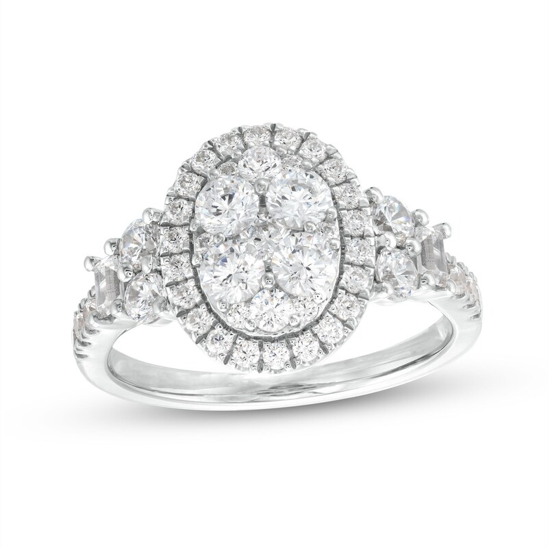 Main Image 1 of 1-1/2 CT. T.W. Oval-Shaped Multi-Diamond Frame Engagement Ring in 14K White Gold