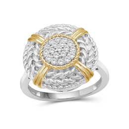 1/4 CT. T.W. Multi-Diamond Braided Rope Triple Frame Ribbon Wrap Medallion Ring in Sterling Silver and 14K Gold Plate