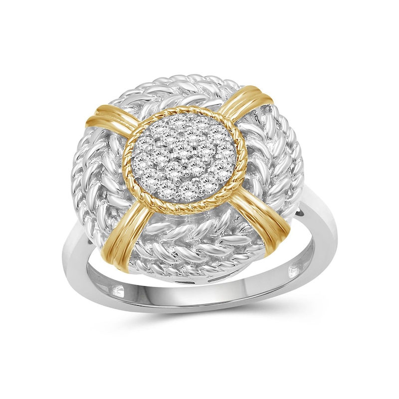Main Image 1 of 1/4 CT. T.W. Multi-Diamond Braided Rope Triple Frame Ribbon Wrap Medallion Ring in Sterling Silver and 14K Gold Plate