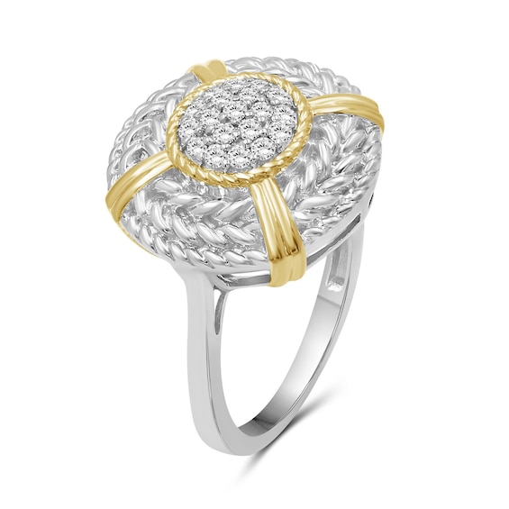 1/4 CT. T.w. Multi-Diamond Braided Rope Triple Frame Ribbon Wrap Medallion Ring in Sterling Silver and 14K Gold Plate